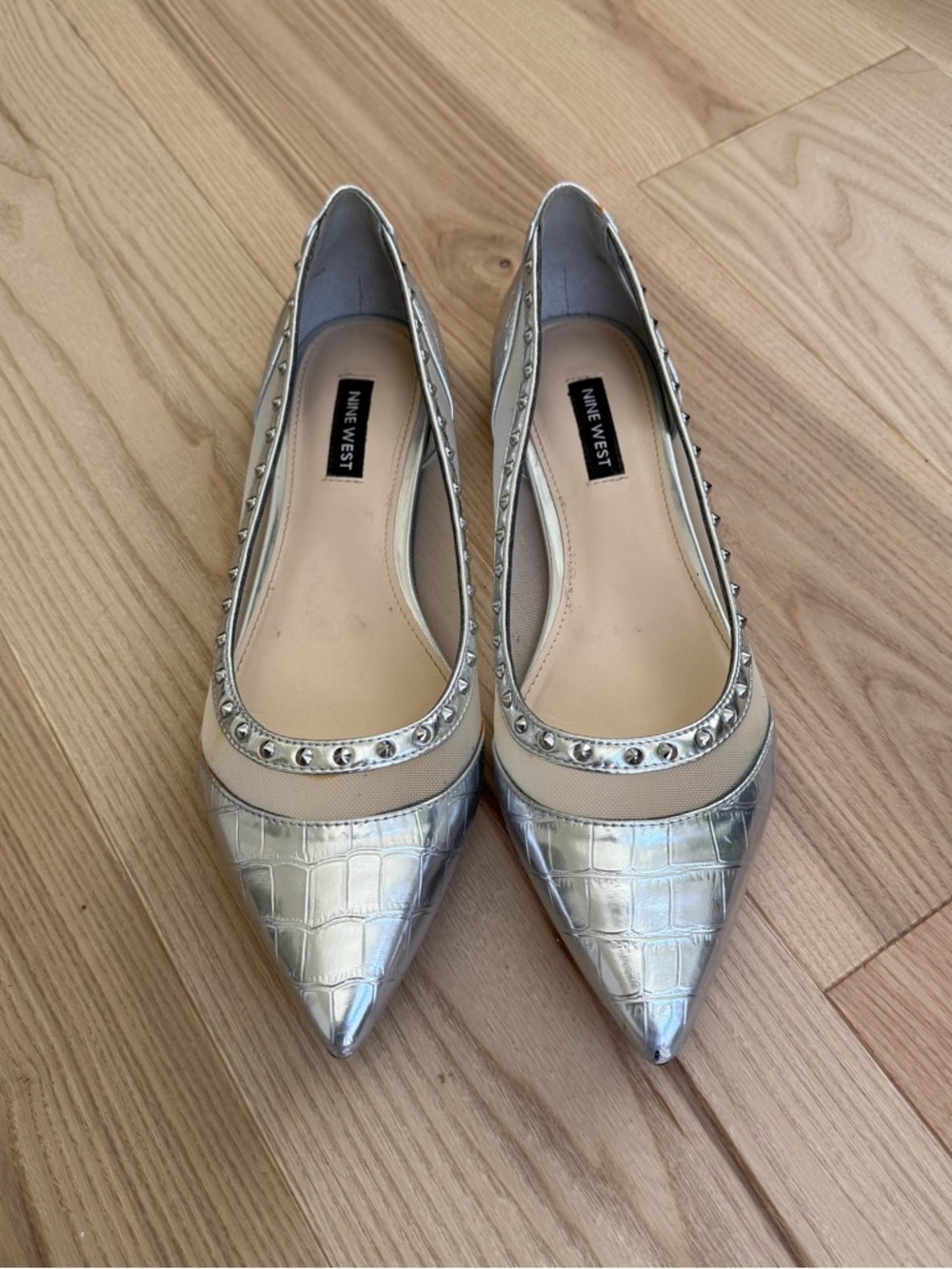 Nine West Metallic Silver Croc-Embossed Pointed Toe Flats with Stud Trim